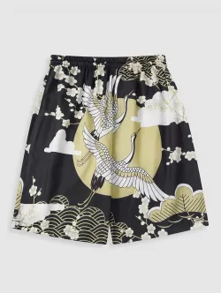Floral Sun And Crane Print Kimono And Drawstring Shorts Set