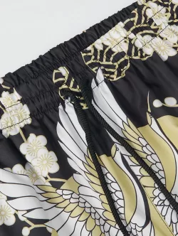 Floral Sun And Crane Print Kimono And Drawstring Shorts Set