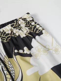 Floral Sun And Crane Print Kimono And Drawstring Shorts Set