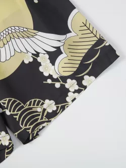 Floral Sun And Crane Print Kimono And Drawstring Shorts Set