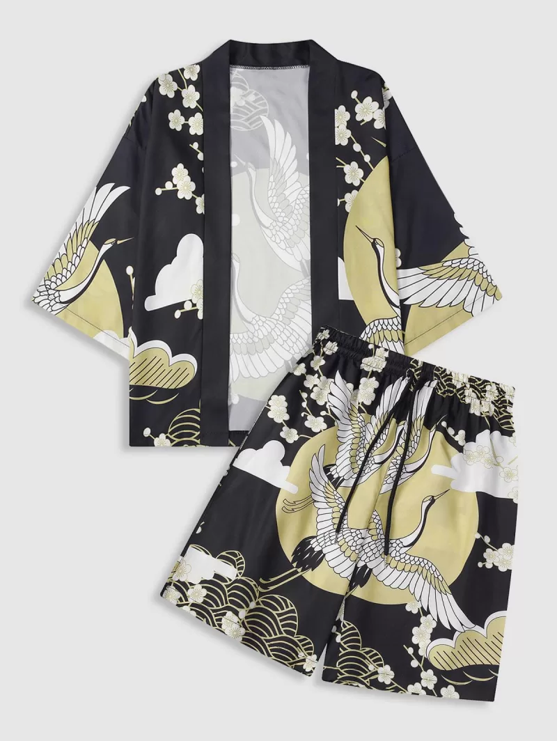 Floral Sun And Crane Print Kimono And Drawstring Shorts Set