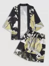 Floral Sun And Crane Print Kimono And Drawstring Shorts Set
