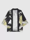 Floral Sun And Crane Print Kimono And Drawstring Shorts Set