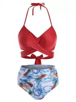 Flower Bird Pineapple Criss Cross Halter Tummy Control Bikini Swimwear
