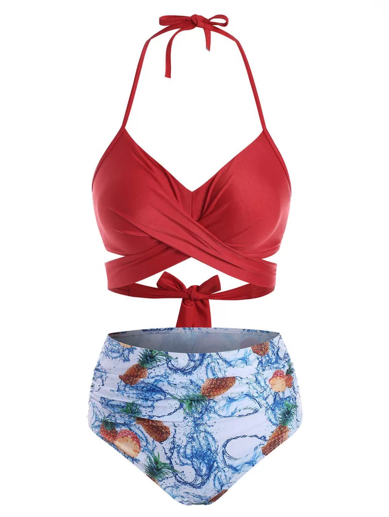 Flower Bird Pineapple Criss Cross Halter Tummy Control Bikini Swimwear