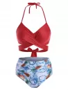 Flower Bird Pineapple Criss Cross Halter Tummy Control Bikini Swimwear