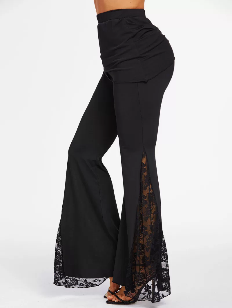 Flower Lace Insert Skirted Flare Pants