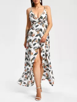 Flower Leaves Print Wrap Maxi Dress