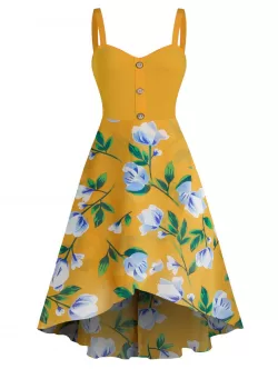 Flower Print Sleeveless High Low Chiffon Dress