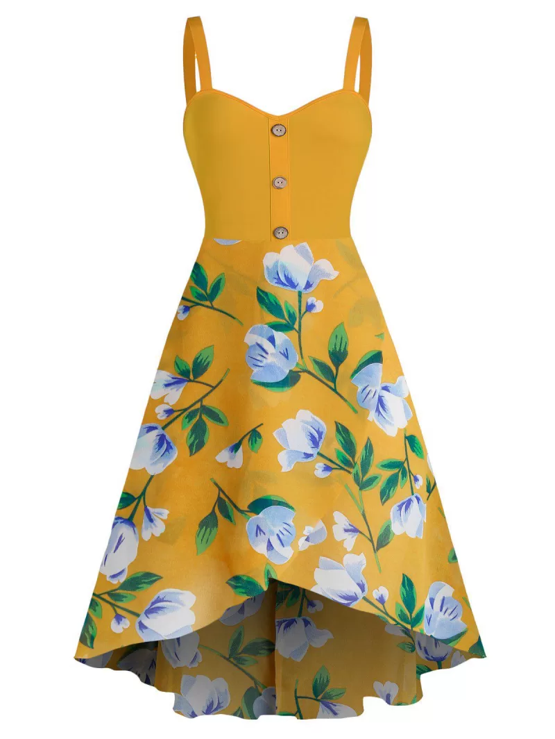 Flower Print Sleeveless High Low Chiffon Dress