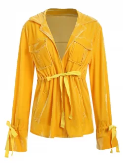 Front Pockets Drawstring Waist Velvet Shirt