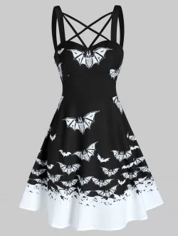 Front Strappy Bat Print High Waist Mini Cami Dress