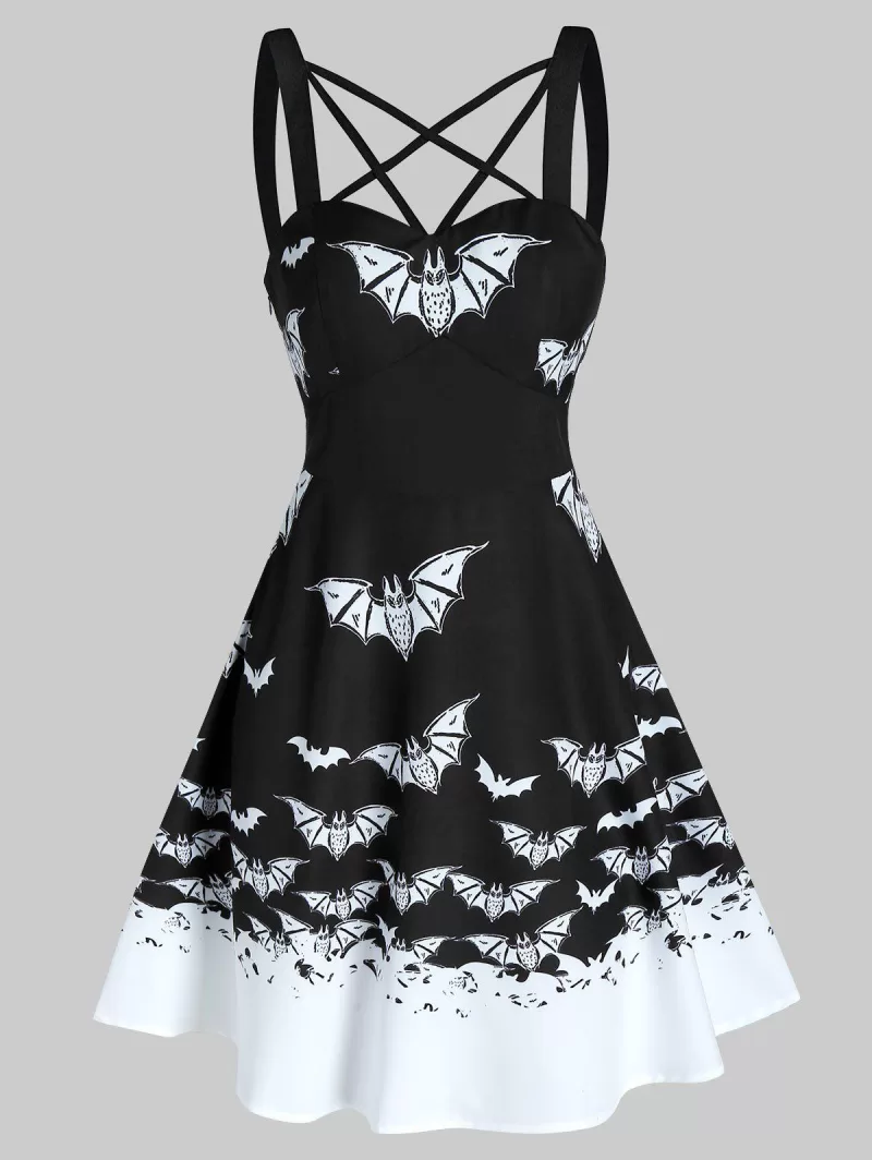 Front Strappy Bat Print High Waist Mini Cami Dress