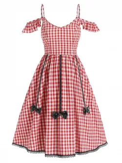 Gingham Print Bow Detail Open Shoulder Dress