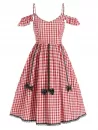 Gingham Print Bow Detail Open Shoulder Dress