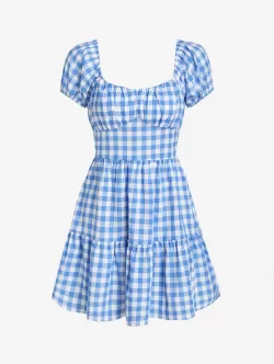 Gingham Puff Sleeve Tiered Dress