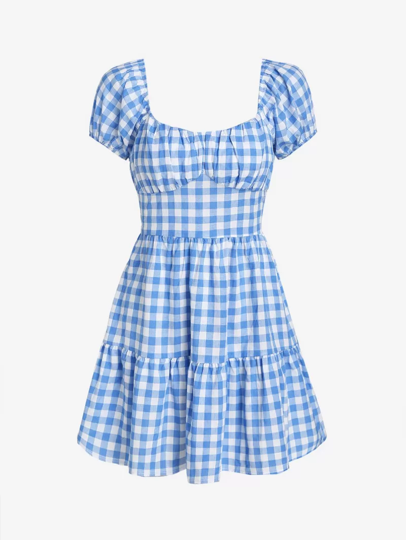 Gingham Puff Sleeve Tiered Dress