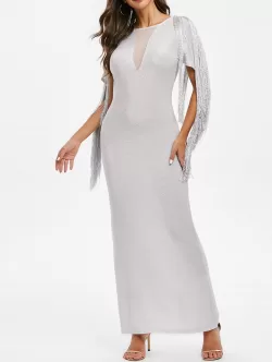 Glitter Fringed Mesh Panel Maxi Bodycon Dress