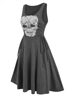 Gothic Lace Up Knee Skull Pattern Length Dress