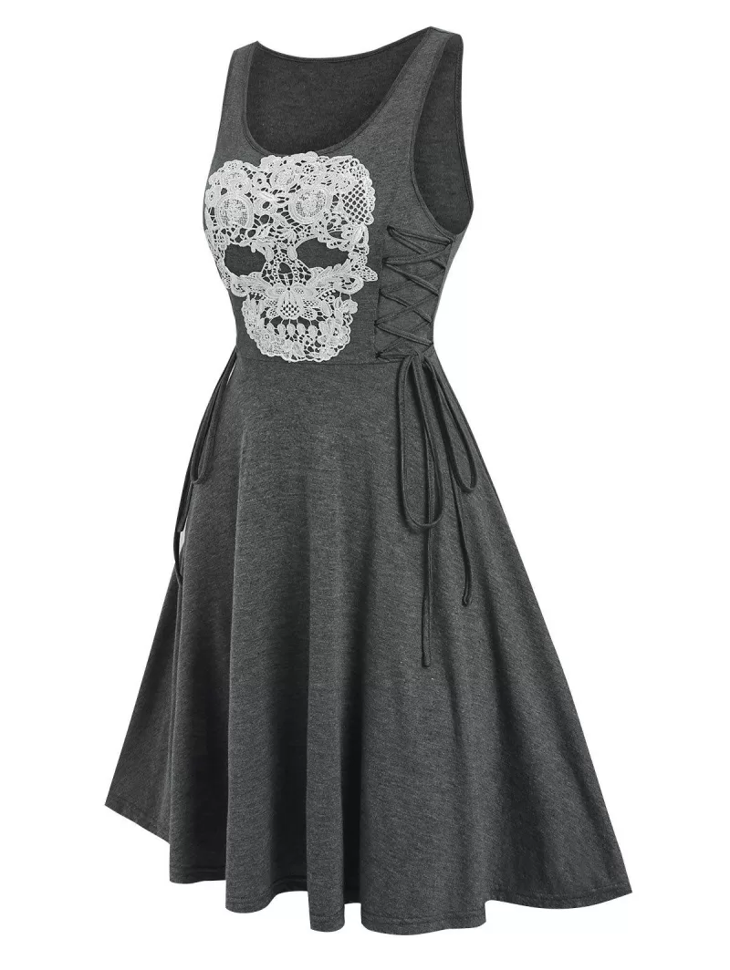 Gothic Lace Up Knee Skull Pattern Length Dress