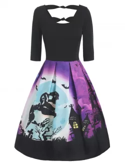 Halloween Dinosaur Skeleton Print Knotted V Back Dress