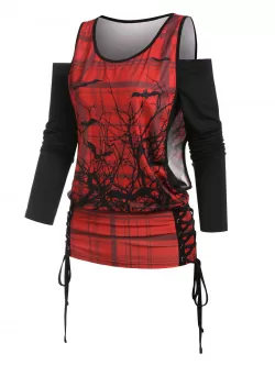 Halloween Off The Shoulder T-shirt And Lace Up Printed Tank Top Set
