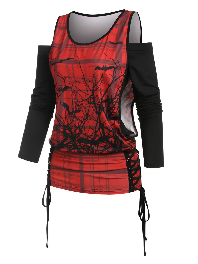 Halloween Off The Shoulder T-shirt And Lace Up Printed Tank Top Set