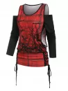 Halloween Off The Shoulder T-shirt And Lace Up Printed Tank Top Set