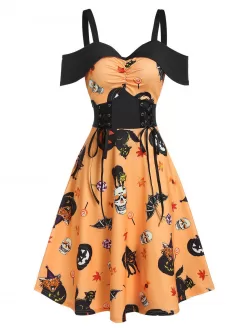 Halloween Pumpkin Animal Print Lace Up Ruched Midi A Line Dress