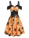 Halloween Pumpkin Animal Print Lace Up Ruched Midi A Line Dress