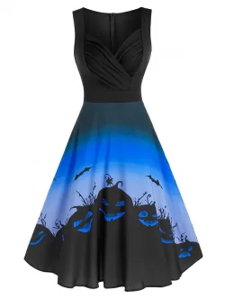 Halloween Pumpkin Print Sweetheart Neck Sleeveless A Line Dress