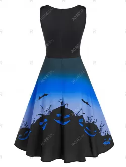 Halloween Pumpkin Print Sweetheart Neck Sleeveless A Line Dress