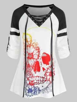 Halloween Skull Flower Print Lace-up Contrast T-shirt