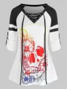 Halloween Skull Flower Print Lace-up Contrast T-shirt