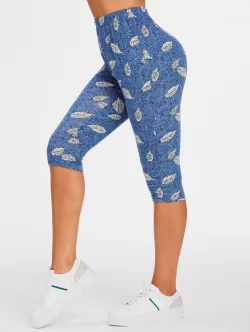 High Waisted Leaf Print Skinny Capri Pants