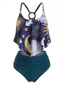 High Waisted Sun Star Galaxy Flounces Tankini Swimwear