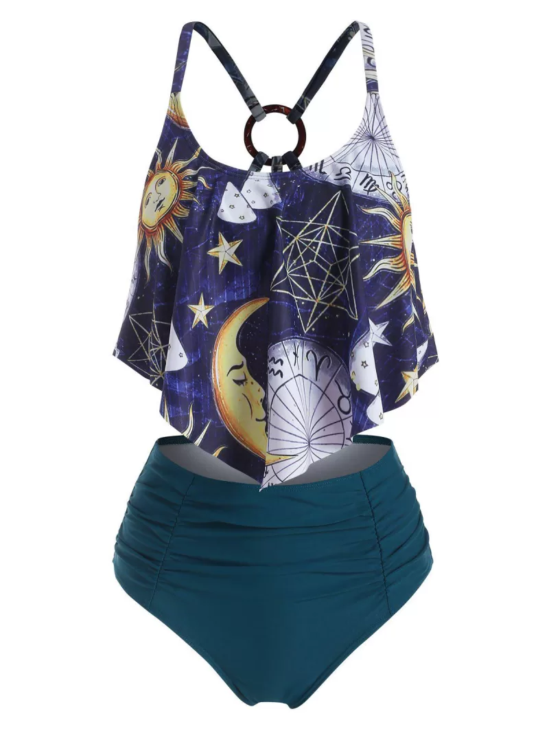 High Waisted Sun Star Galaxy Flounces Tankini Swimwear