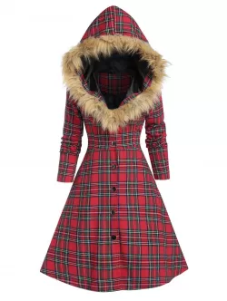 Hooded Faux Fur Insert Lace Up Plaid Coat