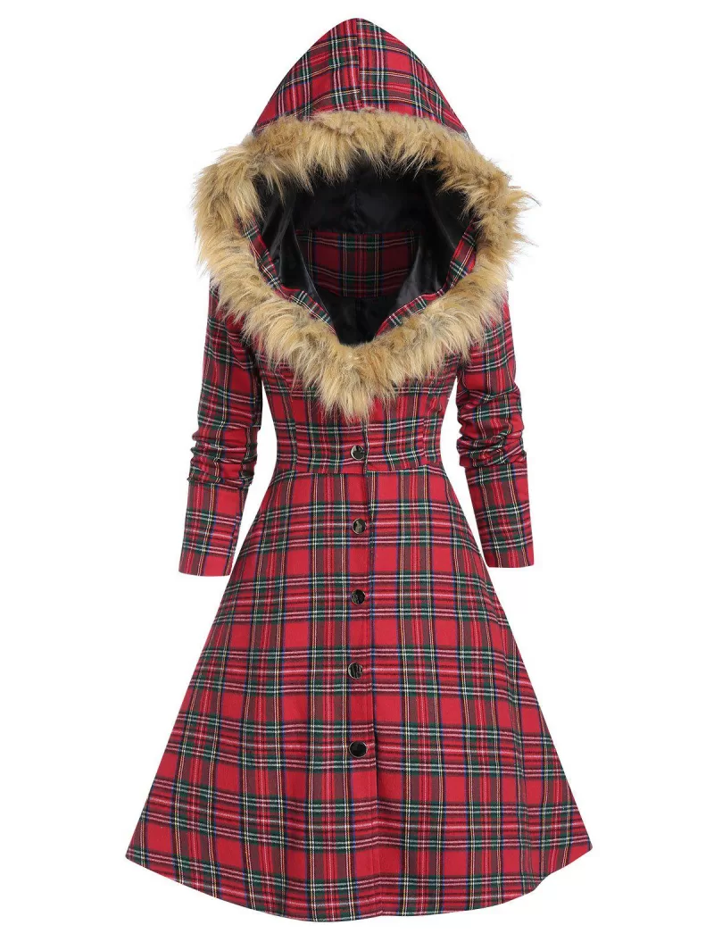Hooded Faux Fur Insert Lace Up Plaid Coat