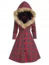 Hooded Faux Fur Insert Lace Up Plaid Coat