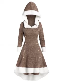 Hooded Faux Fur Trim Mock Button High Low Midi Dress
