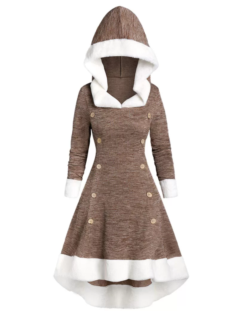 Hooded Faux Fur Trim Mock Button High Low Midi Dress