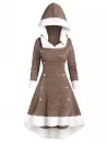 Hooded Faux Fur Trim Mock Button High Low Midi Dress
