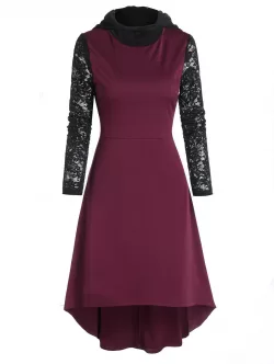 Hooded Lace Sleeve High Low Midi Dress
