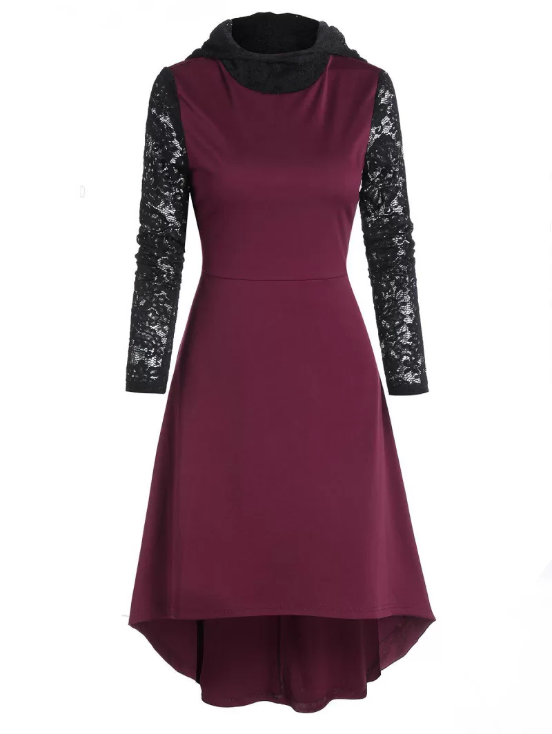 Hooded Lace Sleeve High Low Midi Dress