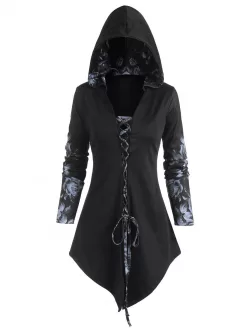 Hooded Rose Print Lace-up Front Asymmetrical Top
