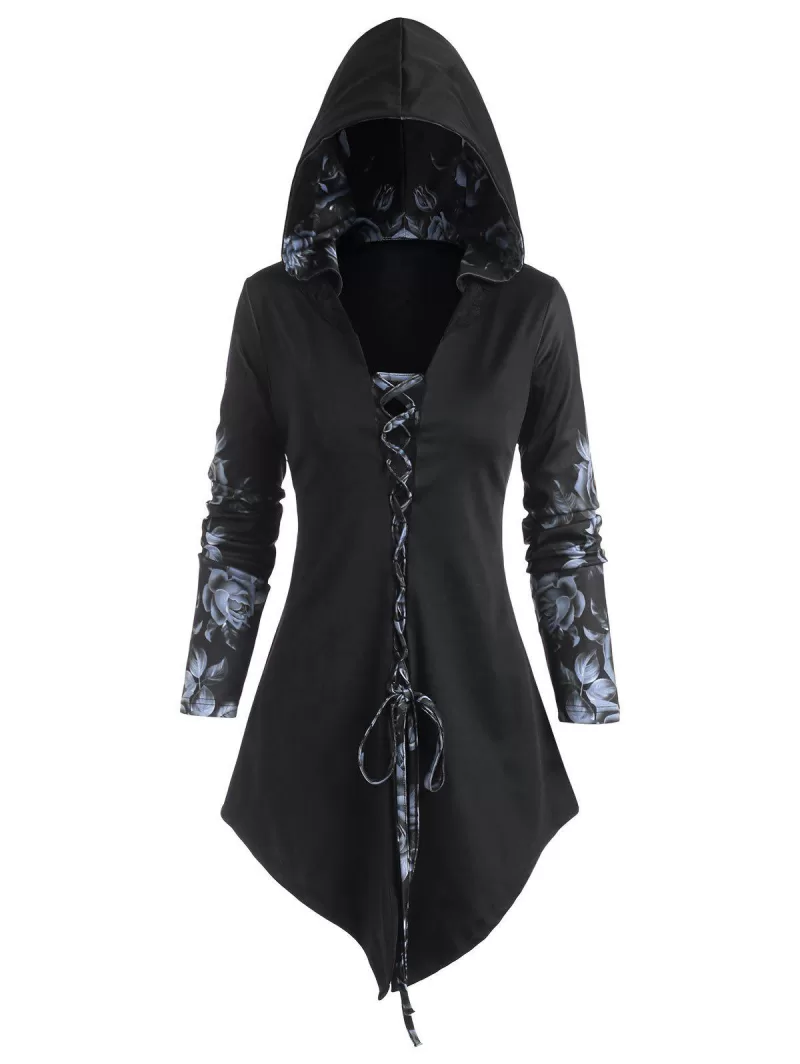 Hooded Rose Print Lace-up Front Asymmetrical Top