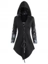Hooded Rose Print Lace-up Front Asymmetrical Top