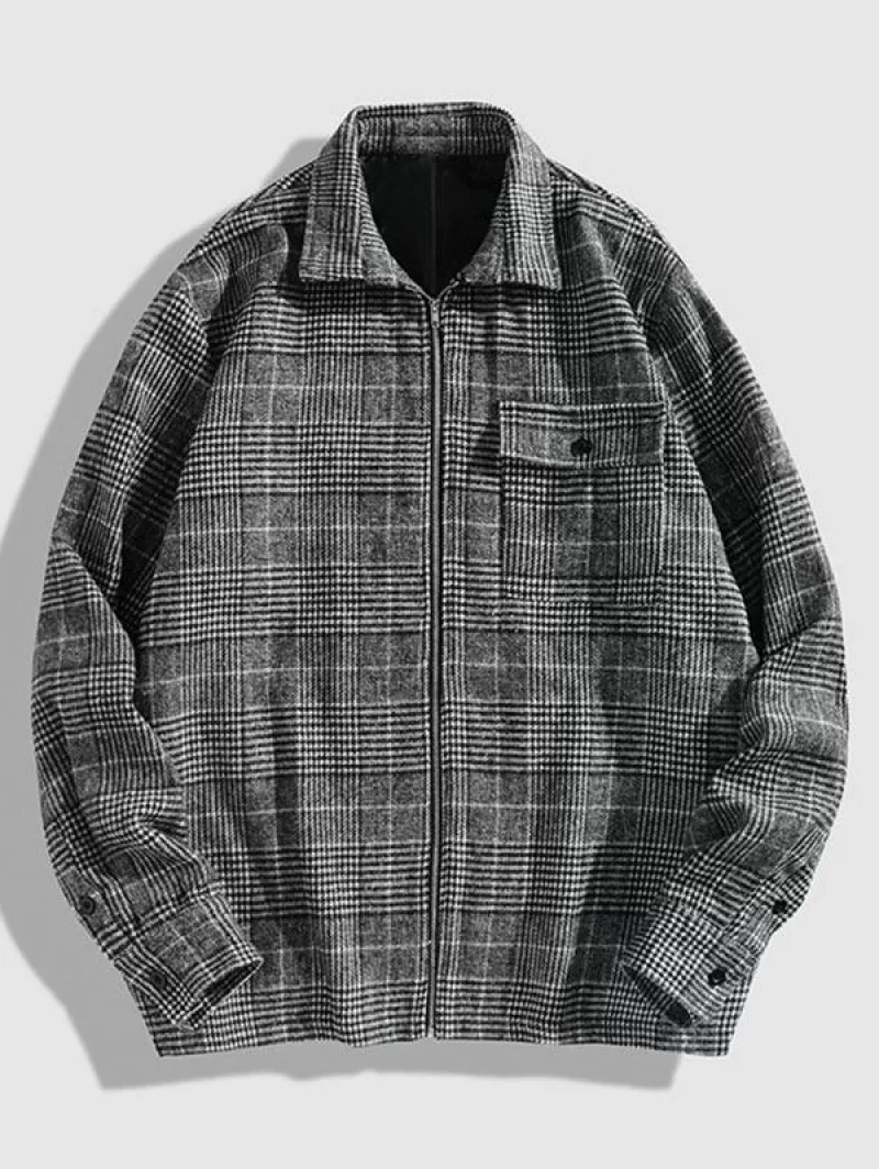 Houndstooth Pattern Casual Zip Jacket