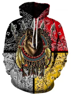 Indian Wolf Graphic Pouch Pocket Drawstring Hoodie